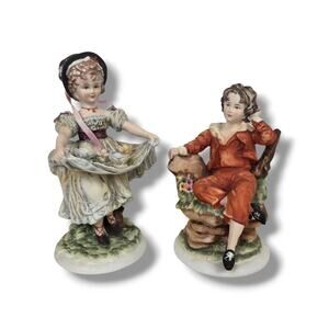 Vintage Lefton Figurine 3987 3988 Victorian Red Boy Kelvin Fairy Flower Girl Set